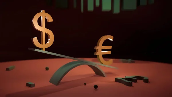 ドルとユーロのシンボルは 他の通貨のシンボルを背景にスイングに立っています 3Dレンダリング 為替レート 外国為替の概念 — ストック写真