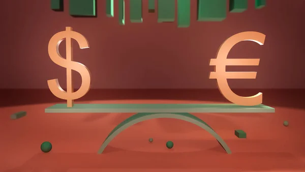 Símbolos Dólar Euro Estão Balanço Contra Fundo Diagrama Abstrato Renderização — Fotografia de Stock