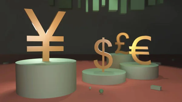 Gilded Yen Symbol Rises Pedestal Background Other Currencies Rendering Concept — Φωτογραφία Αρχείου