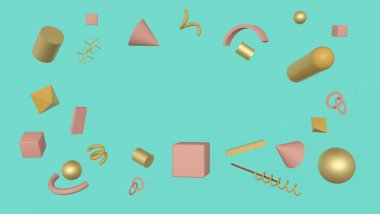 Realistic primitives in abstract composition. Spheres, cylinders, cubes, cone in different colors. 3D rendering. Blank for design. Layout. Place for logo or text. Abstraction. Minimalism