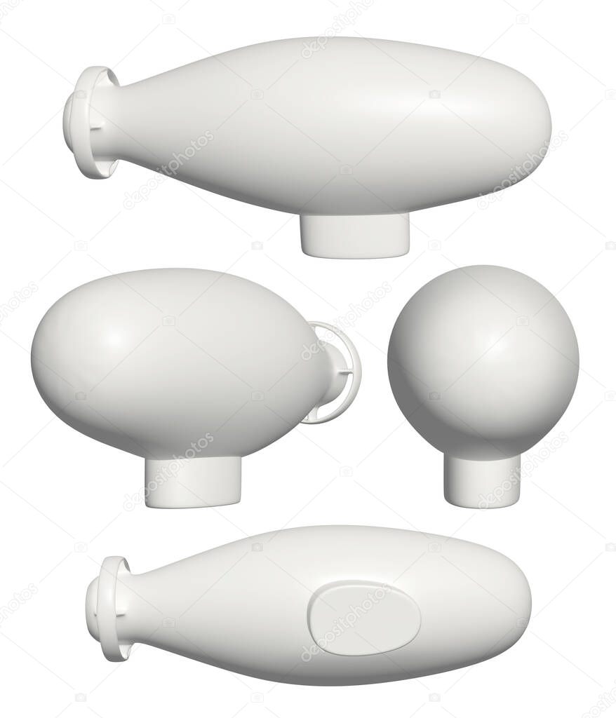 Stylized light monophonic airship in 4 projections on a white background. 3d abstract isolated illustration. Layout for design