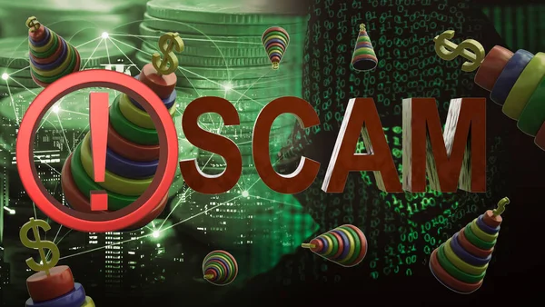 Chaotic movement of multi-colored pyramids with a dollar symbol on top and voluminous scam text on a dark background with a hacker mask and an exclamation mark. 3D rendering. Collage