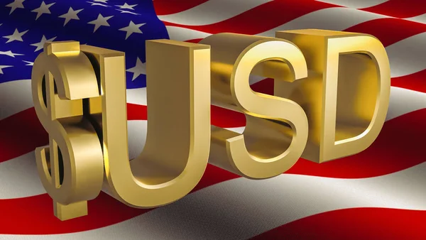 Gyllene Dollar Symbol Bakgrunden Den Amerikanska Flaggan Ekonomiskt Koncept Återgivning — Stockfoto