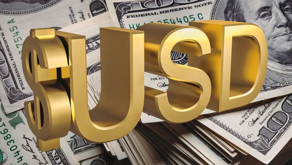 Vergoldetes Dollarsymbol Auf Dem Hintergrund Von Papierscheinen Finanzierungskonzept Darstellung — Stockfoto