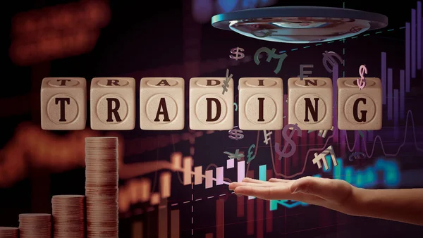 Cubos Con Inscripción Trading Fondo Una Mano Símbolos Moneda Voladora — Foto de Stock