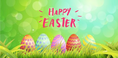 Mutlu Paskalya tipografi, yumurta boya, sihirli arka plan ile Bunny