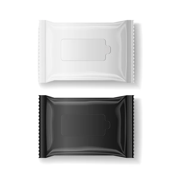 Preto & branco molhado wipes pacote realista vetor, isolar, 3D — Vetor de Stock