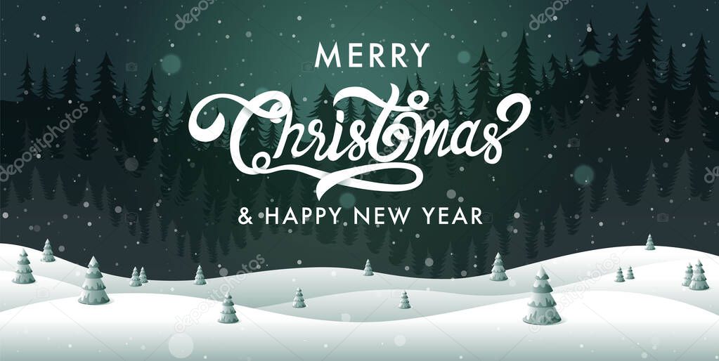 Merry Christmas, happy new year, calligraphy, landscape fantasy , vector illustration.