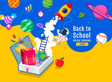  Okula dönüş, Kitap İlhamı, Çevrimiçi Öğrenme, Evden Çalışma, Düz Tasarım Vektörü.