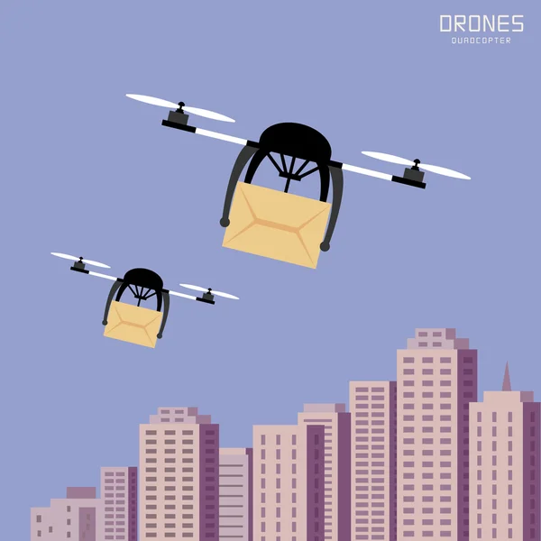 Η drones αέρα φέρνοντας χαρτόνι, αστικό τοπίο φόντου — Διανυσματικό Αρχείο