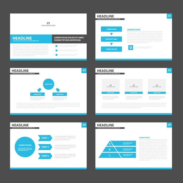 Modelli di presentazione blu e nero Elementi infografici set di design piatto per brochure depliant pubblicità di marketing — Vettoriale Stock