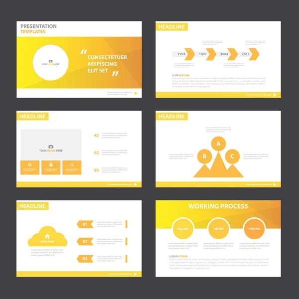 Modelli di presentazione giallo arancio Elementi infografici set di design piatto per brochure depliant marketing pubblicità — Vettoriale Stock