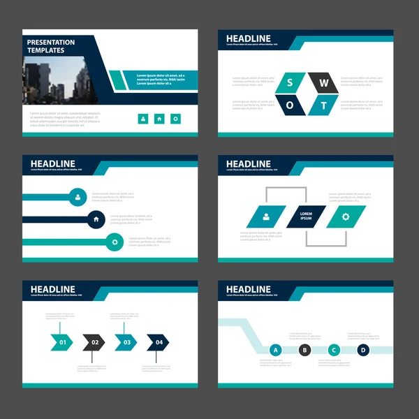 Modelli di presentazione blu verde Elementi infografici set di design piatto per brochure depliant marketing pubblicità — Vettoriale Stock