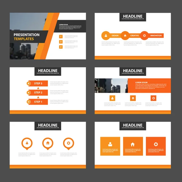 Plantillas de presentación en negro naranja Elementos infográficos Juego de diseño plano para folleto Folleto publicitario — Archivo Imágenes Vectoriales