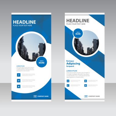 Mavi iş Roll Up Banner düz tasarım şablonu, soyut geometrik afiş vektör çizim set