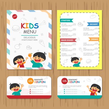Cute colorful kids meal menu vector template with happy boy and  clipart