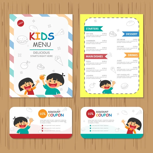 Cute colorful kids meal menu vector template with happy boy and — Stock Illustration Cute colorful kids meal menu vector template with happy boy and Vector Graphics