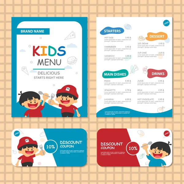 Cute Blue theme kids meal menu vector template with happy 2 boys — Stock Illustration Cute Blue theme kids meal menu vector template with happy 2 boys Stock Vector