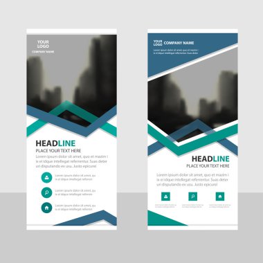Yeşil mavi üçgen Business Roll Up Banner düz tasarım şablonu, Soyut Geometrik afiş şablonu Vektör illüstrasyon seti, soyut sunum broşür üvela şablonu dikey şablon vektör