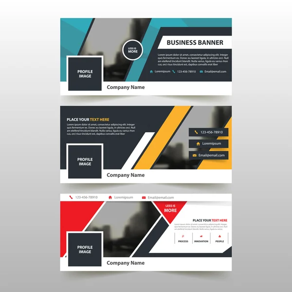 Red blue yellow corporate banner template, horizontal advertising business banner layout template flat design set, clean abstract cover header background for website design — стоковый вектор