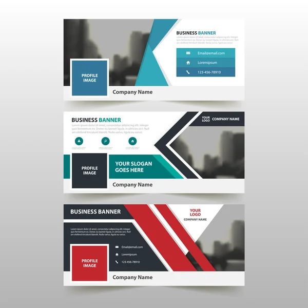 Blue Green red corporate banner template, horizontal advertising business banner layout template flat design set, clean abstract cover header background for website design — стоковый вектор