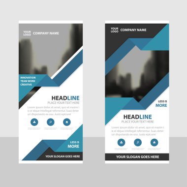Mavi üçgen iş Roll Up Banner düz tasarım şablonu, soyut geometrik banner şablon vektör çizim set, soyut tanıtım broşür el ilanı şablonu dikey şablon vektör