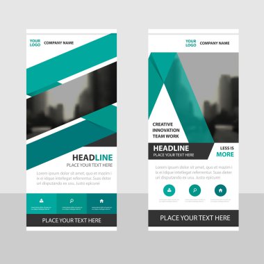 Yeşil üçgen iş Roll Up Banner düz tasarım şablonu, soyut geometrik banner şablon vektör çizim set, soyut tanıtım broşür el ilanı şablonu dikey şablon vektör