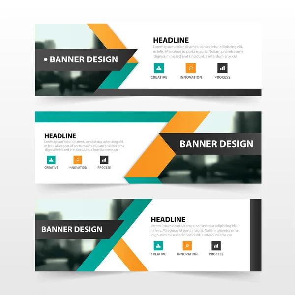 Orange green corporate banner template, horizontal advertising business banner layout template flat design set, clean abstract cover header background for website design — стоковый вектор