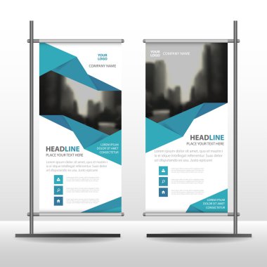 Mavi poligonal iş Roll Up Banner düz tasarım şablonu, soyut geometrik banner şablon vektör çizim set, soyut tanıtım broşür el ilanı şablonu dikey şablon vektör