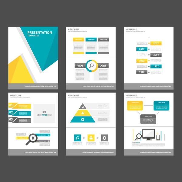 Modelos de apresentação amarelo azul Elementos infográficos conjunto de design plano — Vetor de Stock