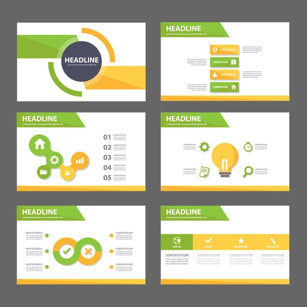 Modelos de apresentação amarelo verde Elementos infográficos conjunto de design plano —  Vetores de Stock