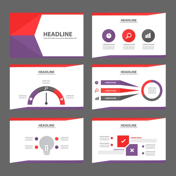 Plantillas de presentación púrpura y roja Elementos infográficos conjunto de diseño plano — Vector de stock