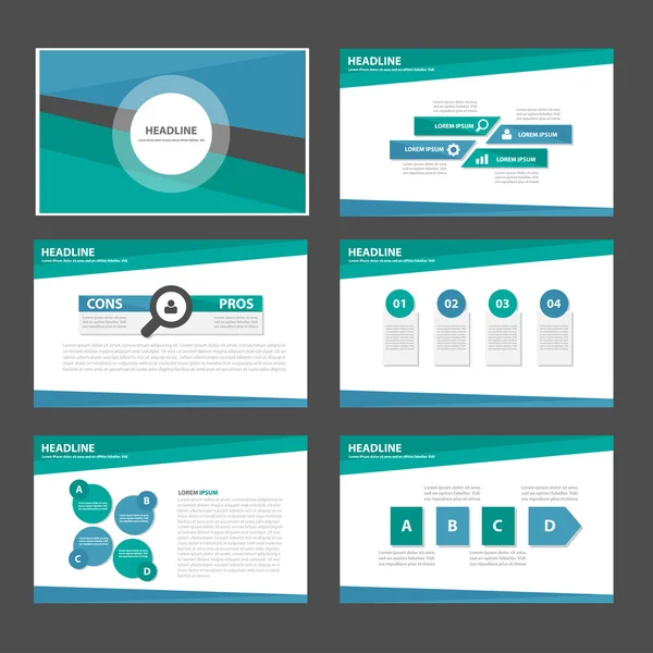 Modèles de présentation bleu et vert Eléments d'infographie set design plat — Image vectorielle