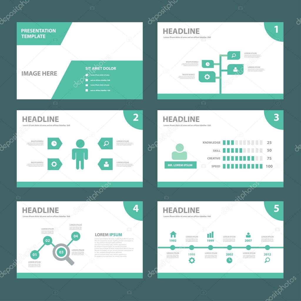 Green presentation templates Infographic elements flat design set
