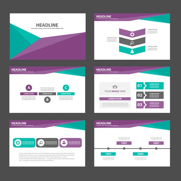 Modelos de apresentação roxo verde elementos infográfico plano de projeto definido para o folheto de panfleto folheto marketing publicidade — Vetor de Stock