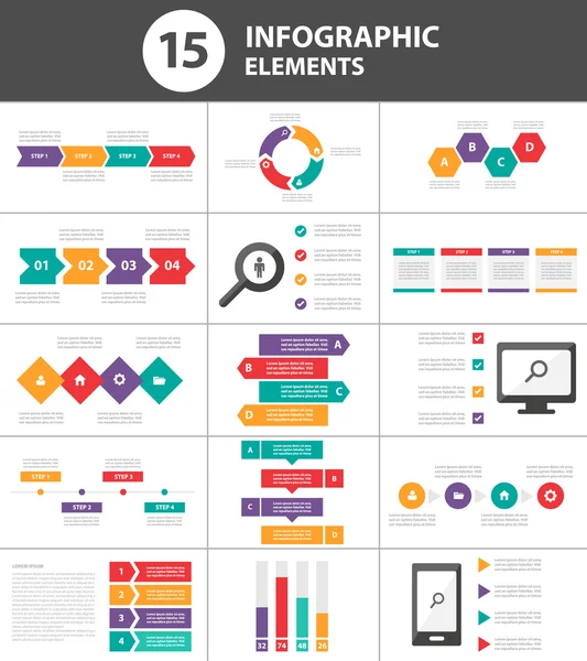 Elementos infográficos coloridosmodelos de apresentação conjunto de design plano para folheto folheto marketing publicidade —  Vetores de Stock