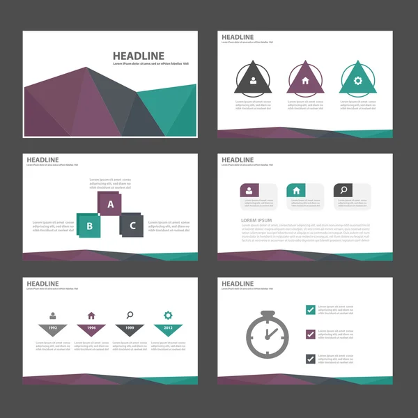 Modelli di presentazione verde porpora Elementi infografici set di design piatto per brochure depliant pubblicità di marketing — Vettoriale Stock