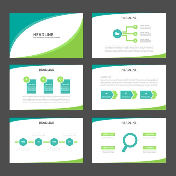 Plantillas de presentación en tono verde Elementos infográficos Conjunto de diseño plano para folleto Folleto publicitario — Archivo Imágenes Vectoriales