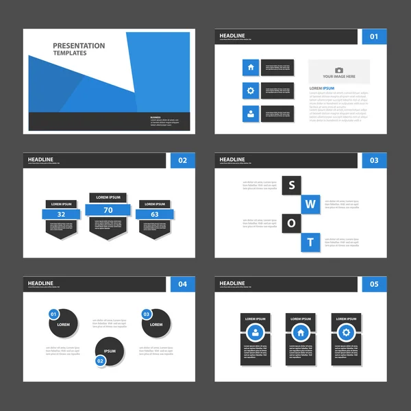 Blue black presentation templates Infographic elements flat design set for brochure flyer leaflet marketing advertising — Stock vektor