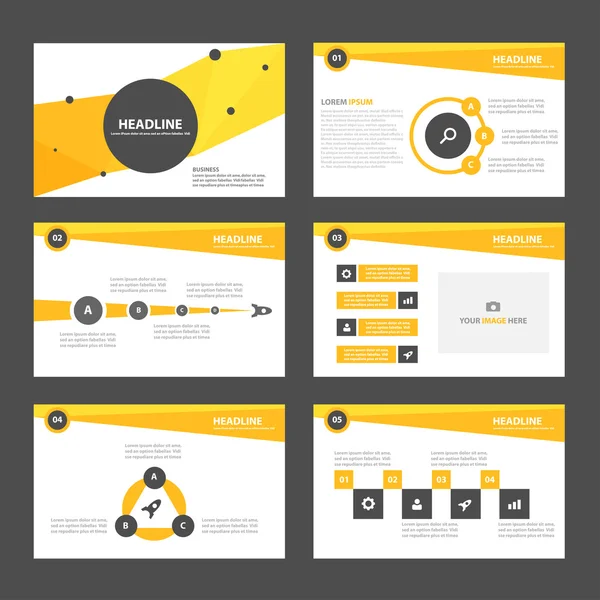 Modelli di presentazione gialli Elementi infografici set di design piatto per brochure depliant pubblicità di marketing — Vettoriale Stock