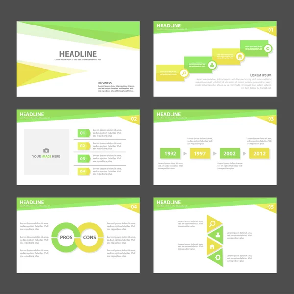 Modelli di presentazione giallo verde Elementi infografici set di design piatto per brochure depliant pubblicità di marketing — Vettoriale Stock