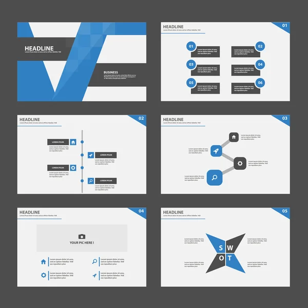 Plantillas de presentación en azul y negro Elementos infográficos Juego de diseño plano para folleto Folleto publicitario — Vector de stock