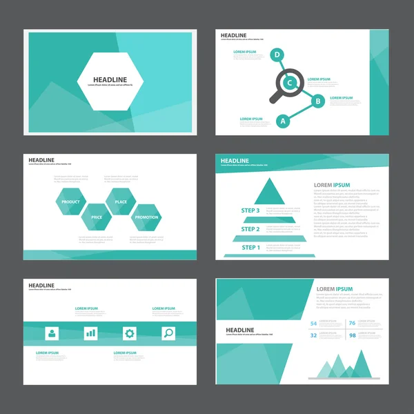 Modelli di presentazione poligono verde Elementi infografici set di design piatto per brochure depliant pubblicità di marketing — Vettoriale Stock