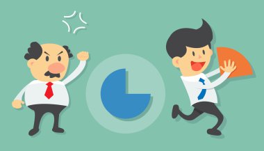 Young businessman steal and take away market share pie chart from angry old businessman flat design vector