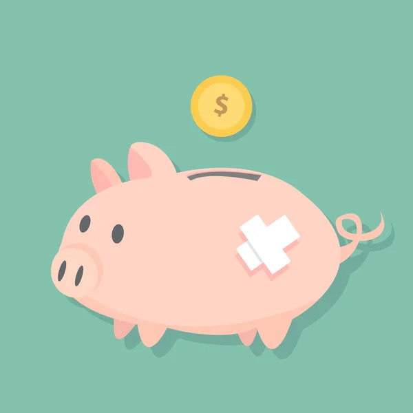 Injured Piggy bank stand on the floor and dollar coin will fill to the coin slot, cute pig  flat design vector — Stok Vektör