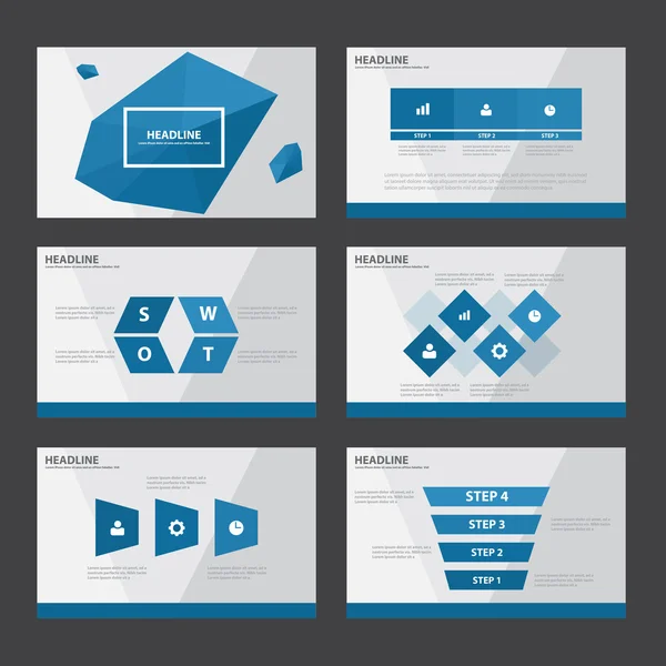 Plantillas de presentación de polígonos azules Elementos infográficos Juego de diseño plano para folleto Folleto publicitario — Vector de stock