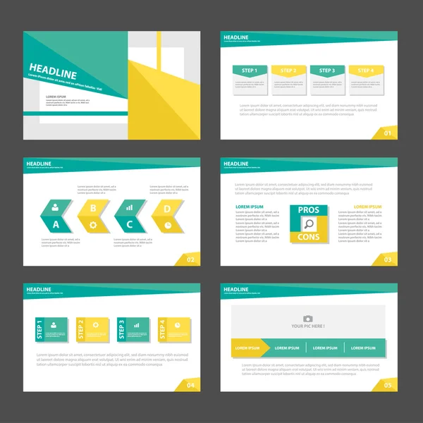 Modelos de apresentação verde amarelo folheto folheto folheto elementos infográficos plana conjunto de design para publicidade de marketing — Vetor de Stock