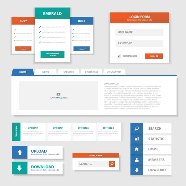 Verde Vermelho Azul Multiúso Website templates e elementos infográficos design plano conjunto para publicidade — Vetor de Stock