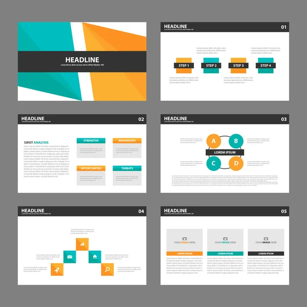 Modelli di presentazione verde arancio Elementi infografici set di design piatto per brochure depliant marketing sito web pubblicitario — Vettoriale Stock