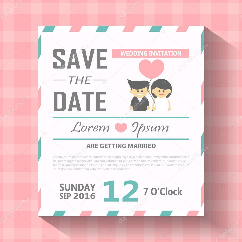 Wedding invitation card template vector illustration, wedding invitation card editable with background chevron, font, type, save the date cartoon set